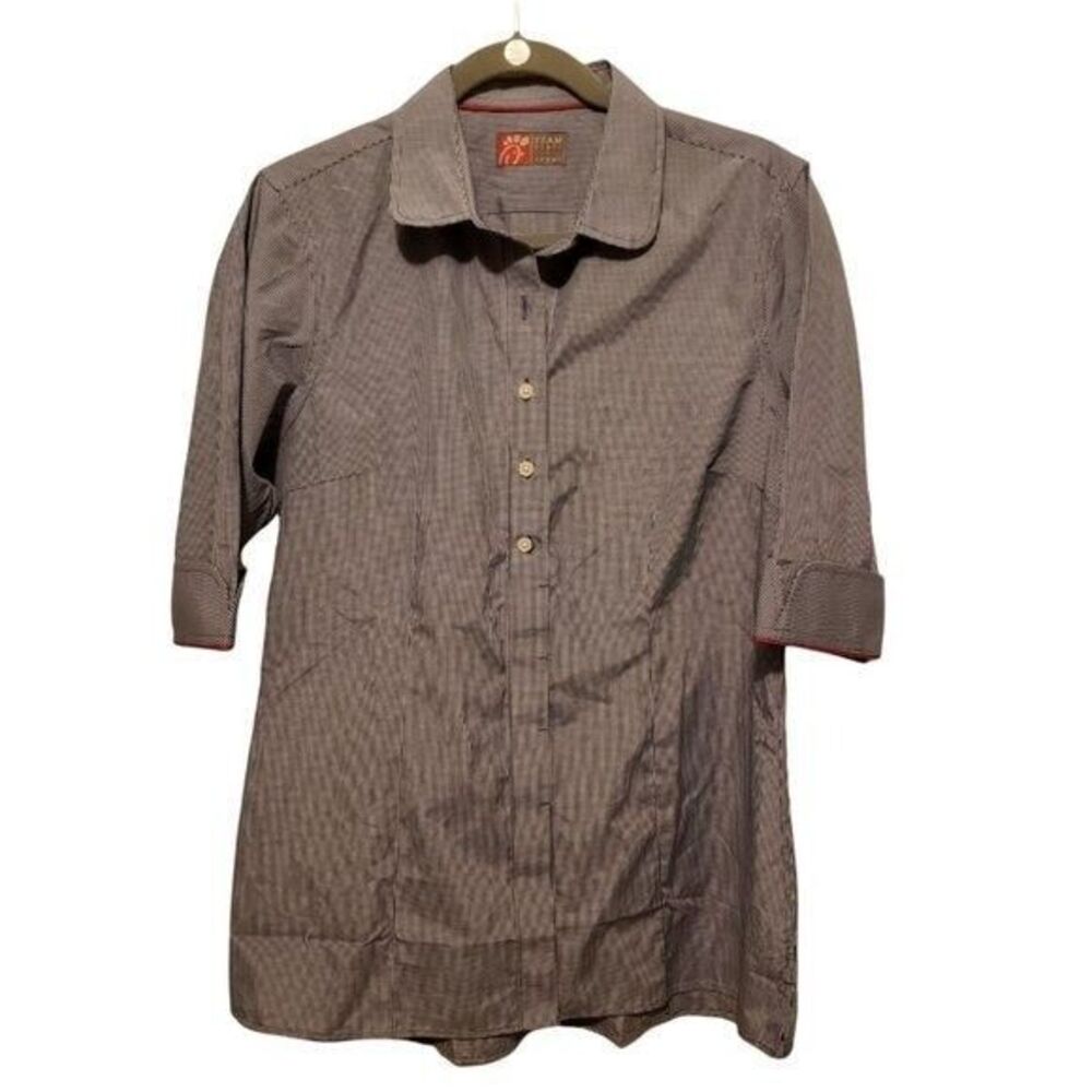 Team Style Womens Sz L Blue White Checks 3/4 Sleeve Button Down Chick Fil A Unif